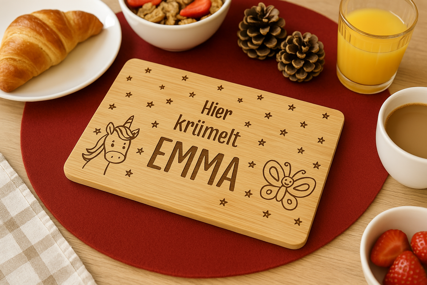 Personalisiertes Frühstücksbrettchen für Kinder – "Hier krümelt..."
