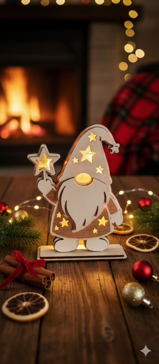 Handgefertigte Deko-Wichtel aus Sperrholz mit LED-Beleuchtung