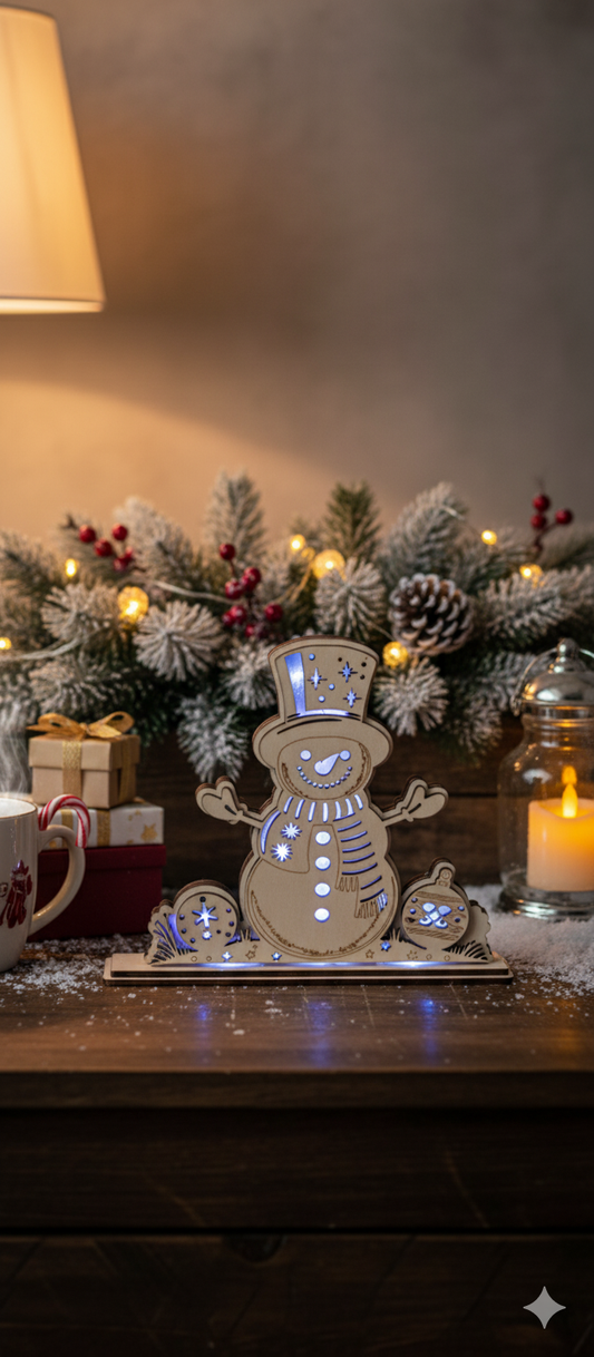 Handgefertigter Leucht-Schneemann aus Sperrholz