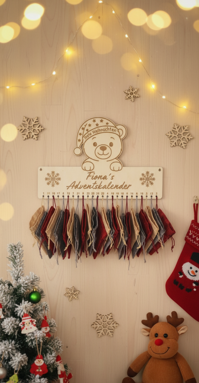 Personalisierter Adventskalender aus Holz mit Namen | Modell "Weihnachtsbär"
